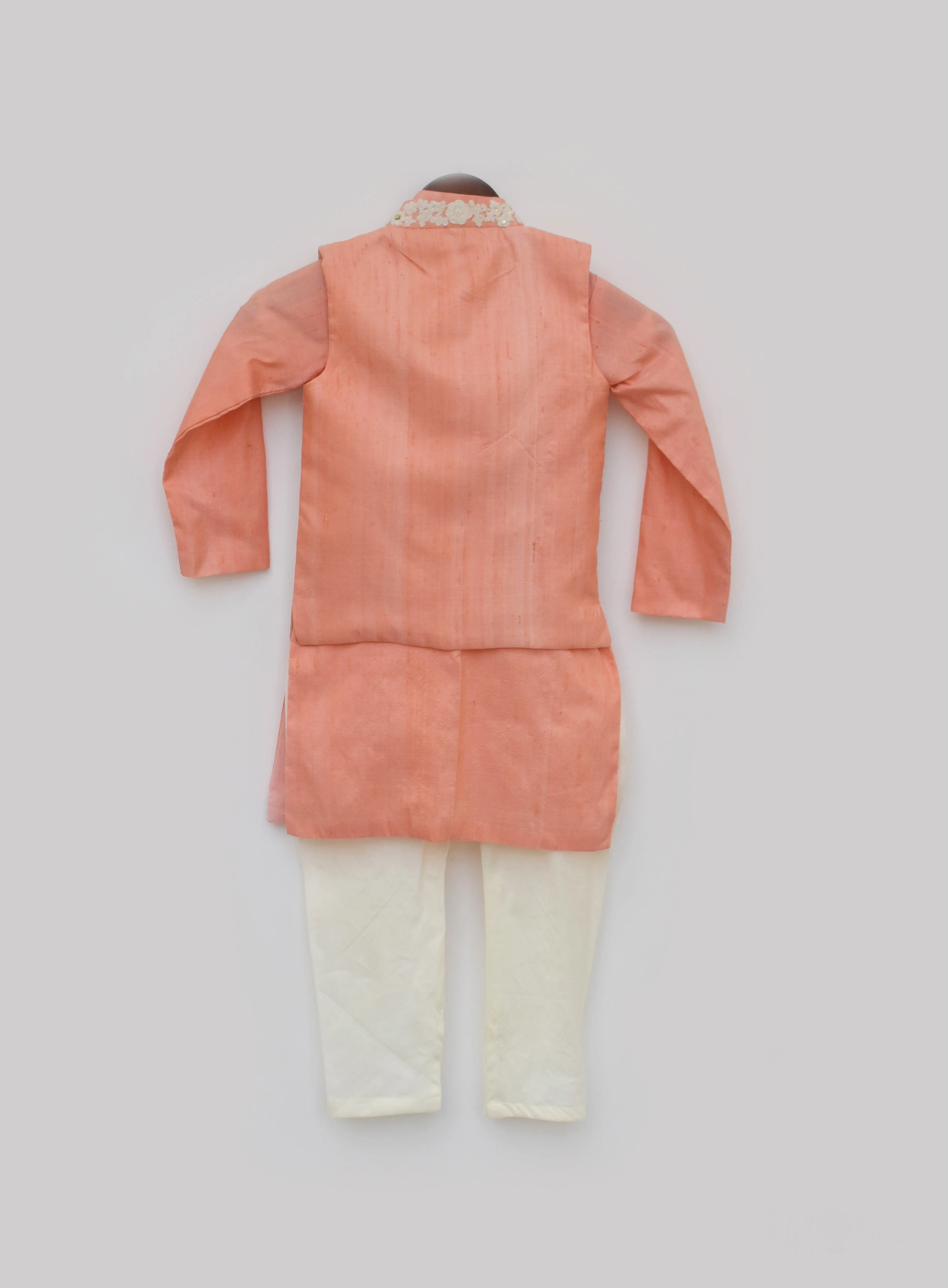 Boy's Peach Silk Kurta Jacket And Churidar - Fayon Kids