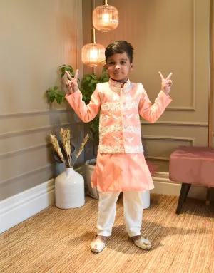 Boy's Peach Silk Kurta Jacket And Churidar - Fayon Kids