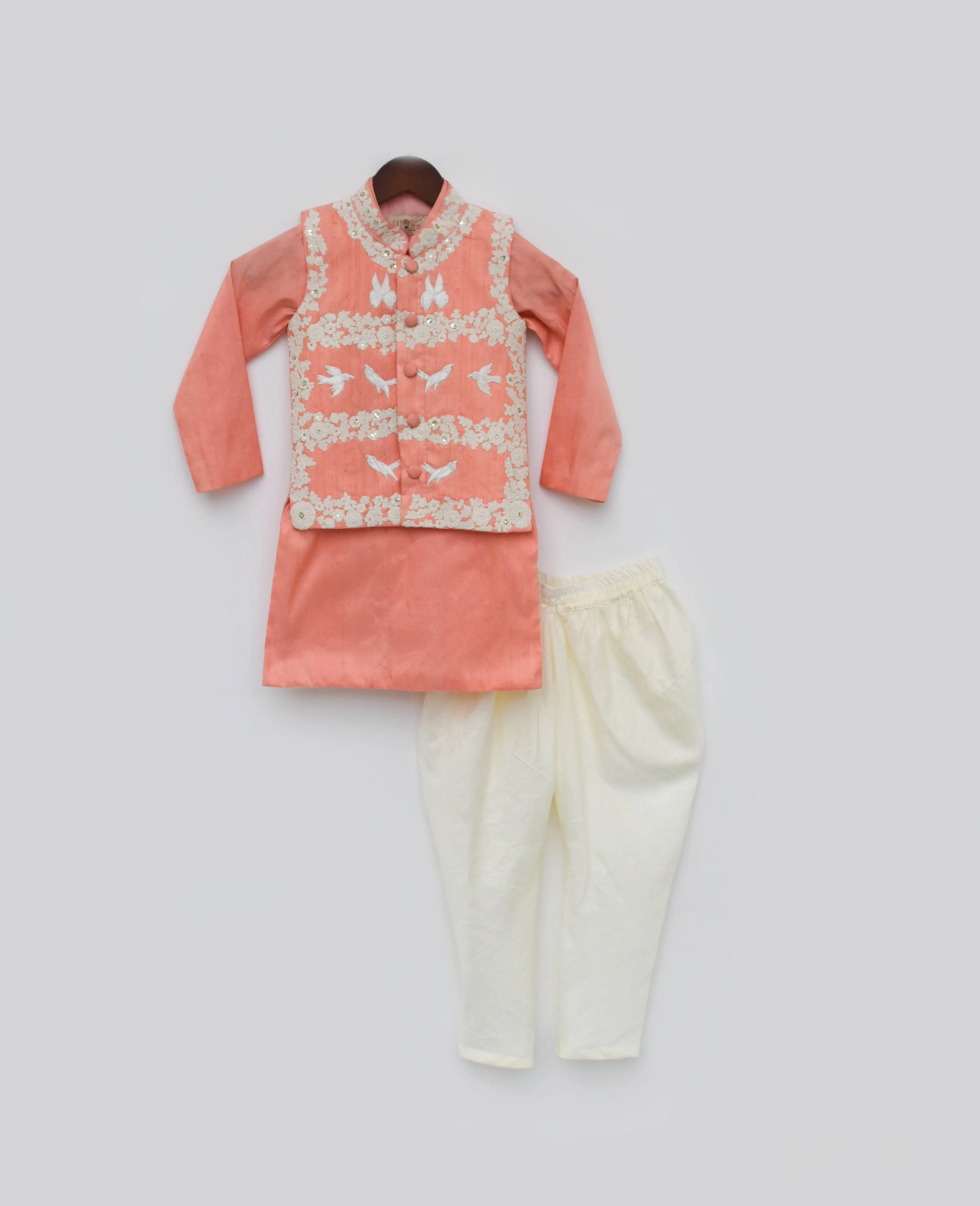 Boy's Peach Silk Kurta Jacket And Churidar - Fayon Kids