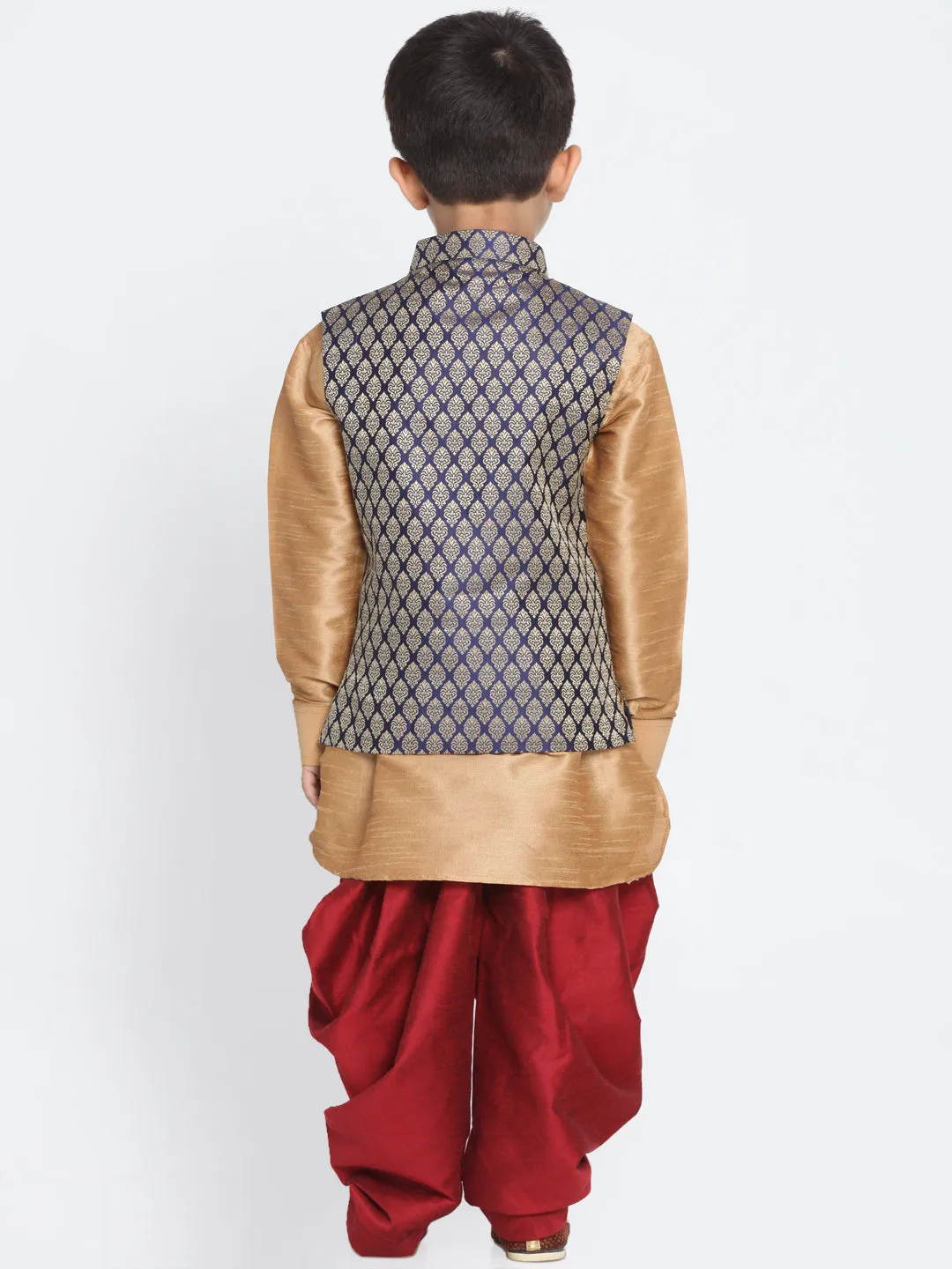 Boy's Rose Gold And Black Silk Blend Jacket, Kurta And Dhoti Set - JBN Creation