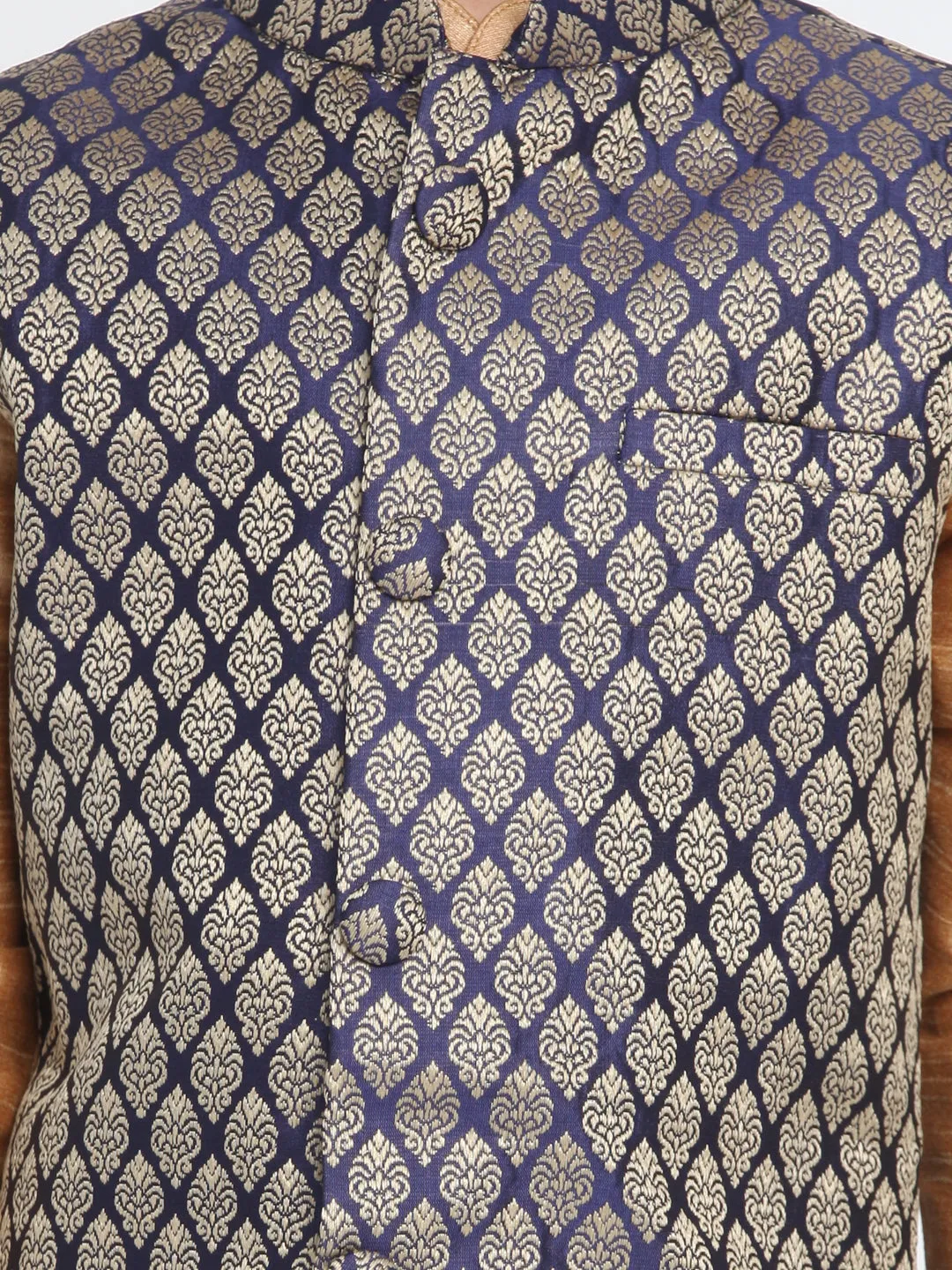 Boy's Rose Gold And Black Silk Blend Jacket, Kurta And Dhoti Set - JBN Creation