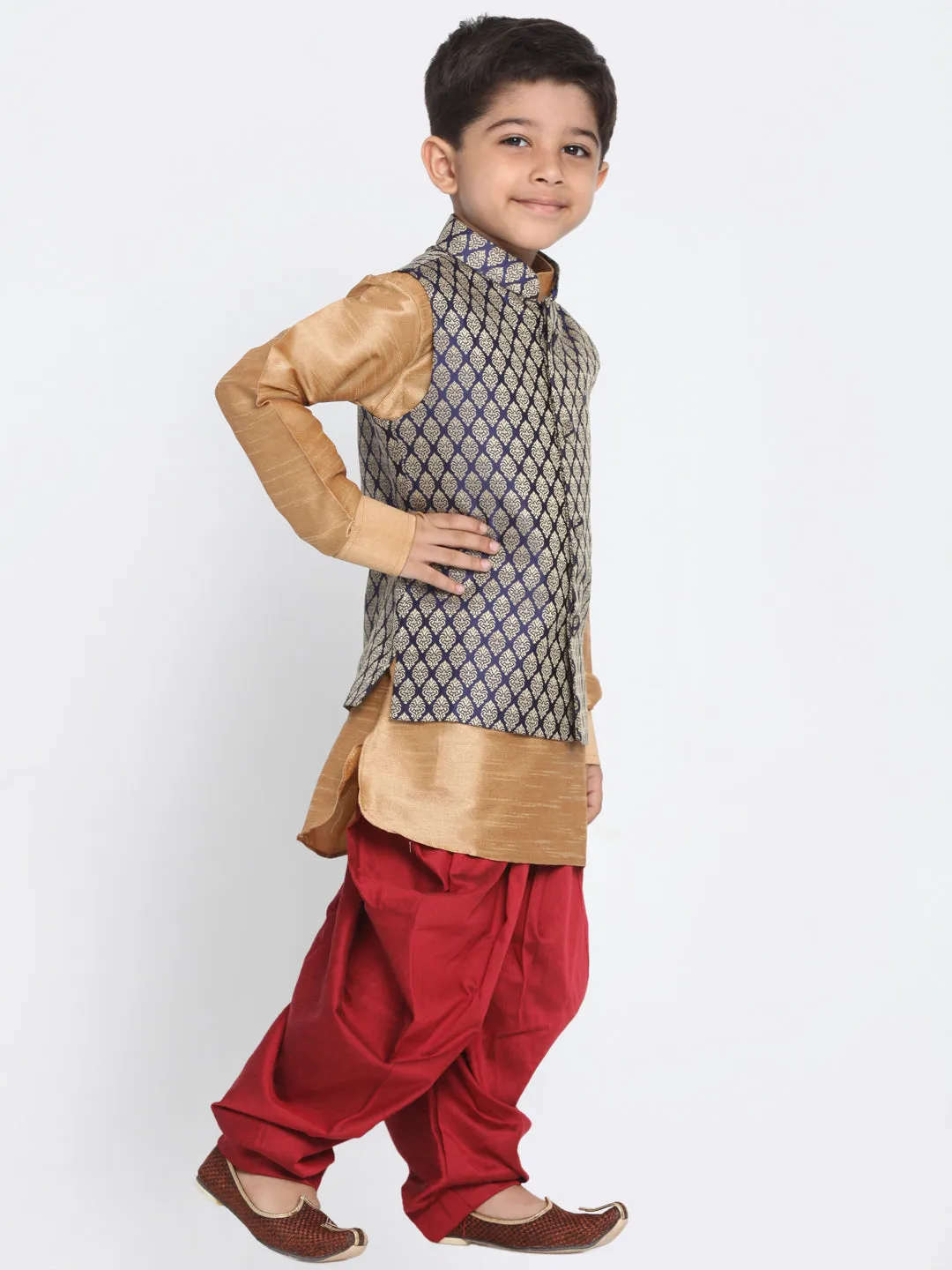Boy's Rose Gold And Black Silk Blend Jacket, Kurta And Dhoti Set - JBN Creation