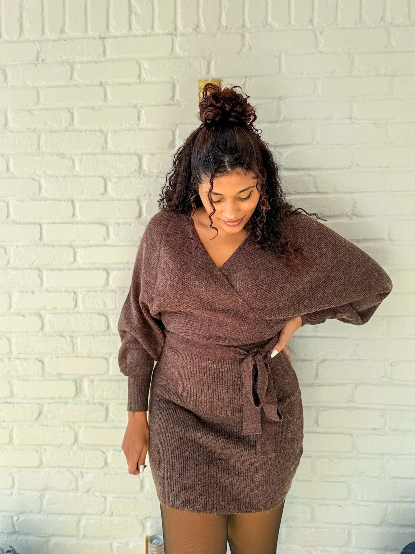 Brown Mini Wrap Sweater Dress