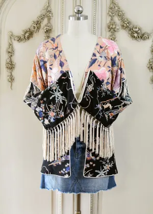 Cate Antique Hand Embroidered Silk Crepe Jacket Silk Tassel Fringes - Black & Peach