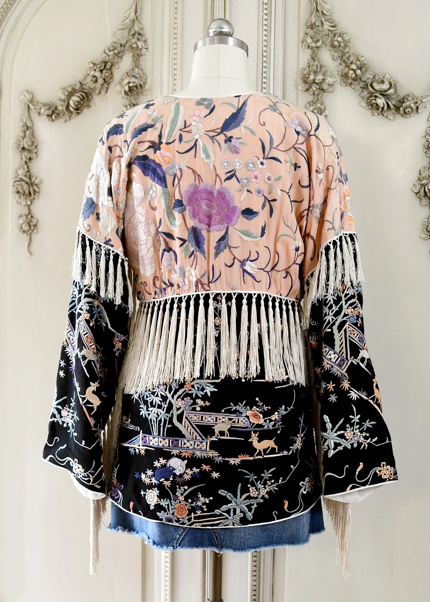 Cate Antique Hand Embroidered Silk Crepe Jacket Silk Tassel Fringes - Black & Peach