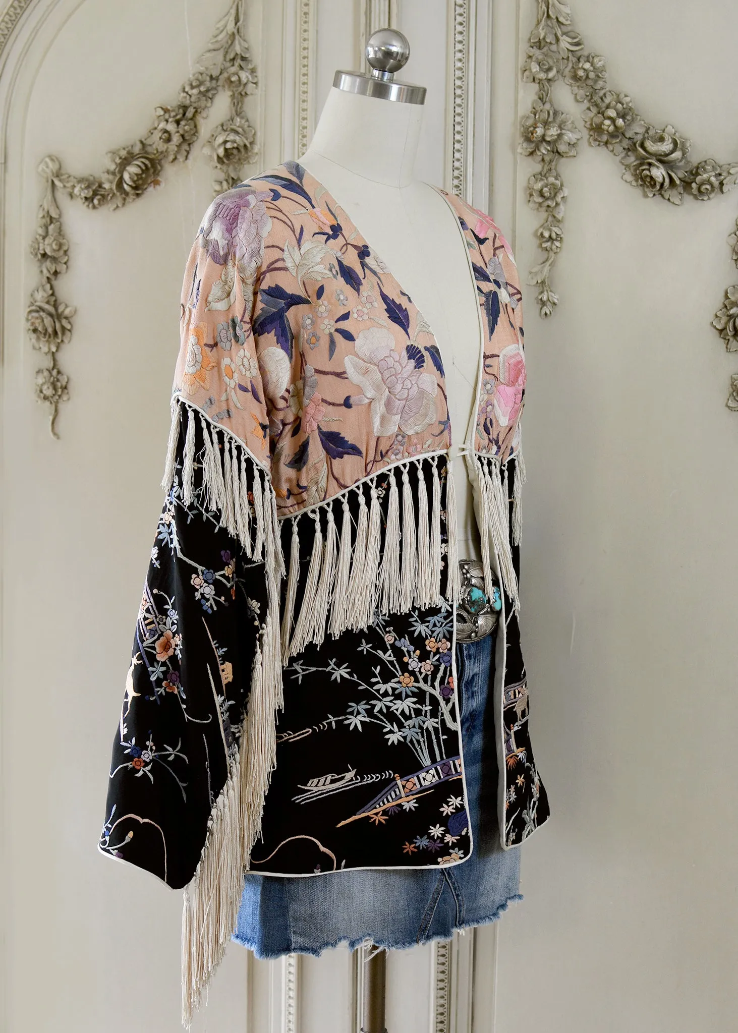 Cate Antique Hand Embroidered Silk Crepe Jacket Silk Tassel Fringes - Black & Peach