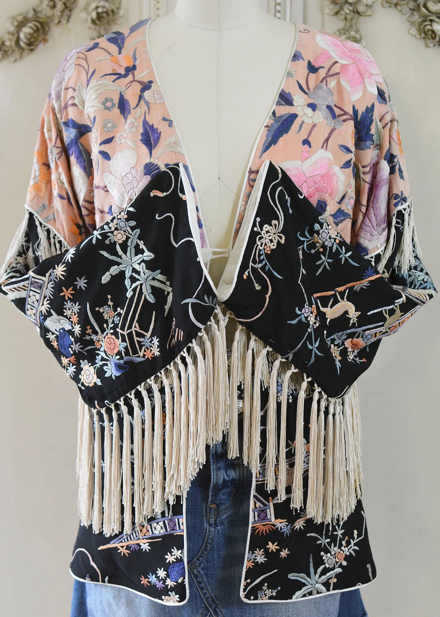 Cate Antique Hand Embroidered Silk Crepe Jacket Silk Tassel Fringes - Black & Peach