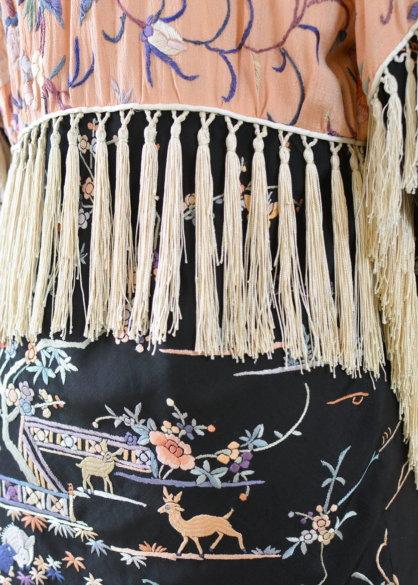Cate Antique Hand Embroidered Silk Crepe Jacket Silk Tassel Fringes - Black & Peach