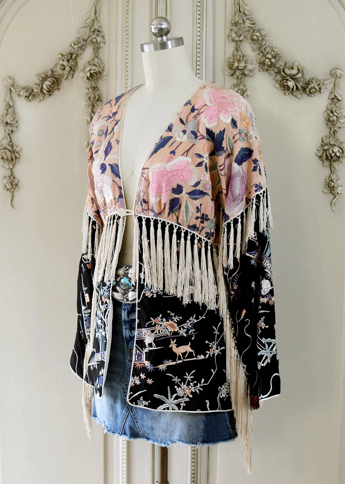 Cate Antique Hand Embroidered Silk Crepe Jacket Silk Tassel Fringes - Black & Peach