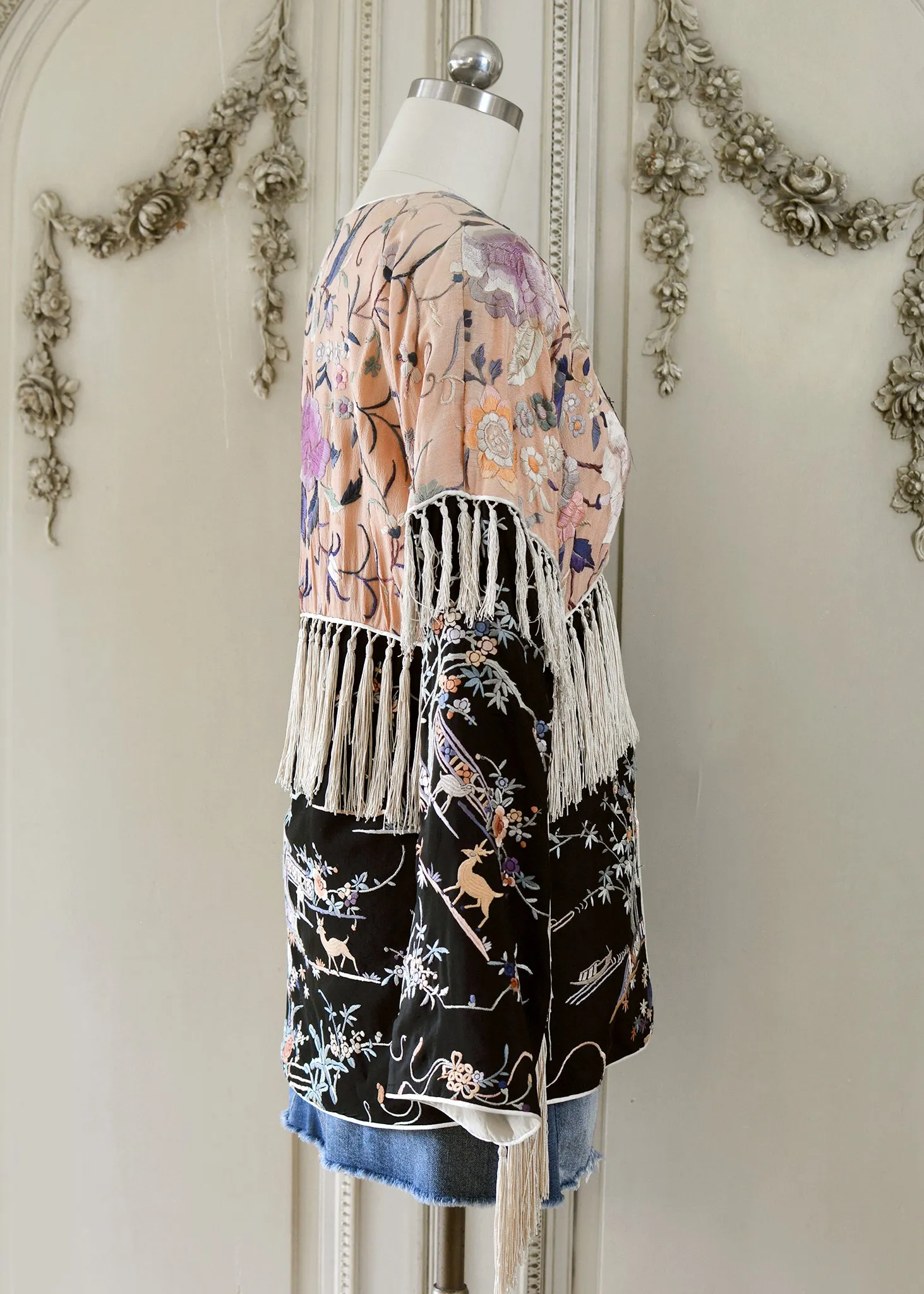 Cate Antique Hand Embroidered Silk Crepe Jacket Silk Tassel Fringes - Black & Peach