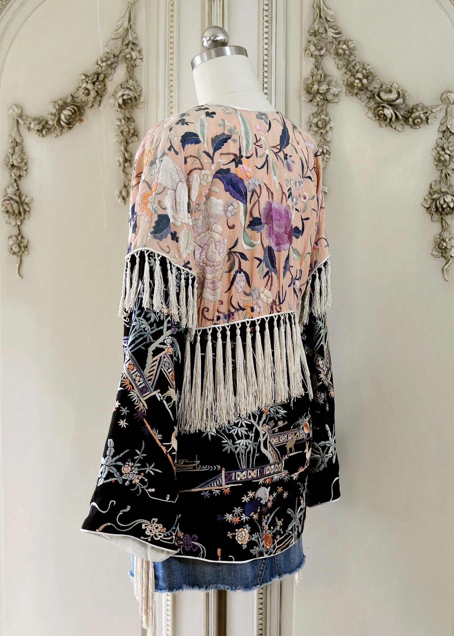 Cate Antique Hand Embroidered Silk Crepe Jacket Silk Tassel Fringes - Black & Peach