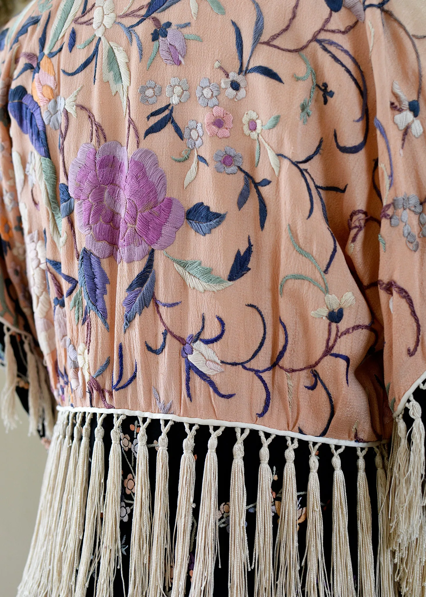 Cate Antique Hand Embroidered Silk Crepe Jacket Silk Tassel Fringes - Black & Peach