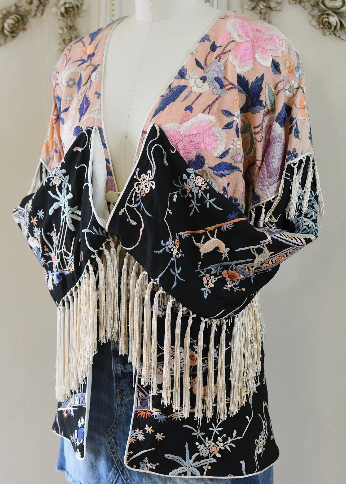 Cate Antique Hand Embroidered Silk Crepe Jacket Silk Tassel Fringes - Black & Peach