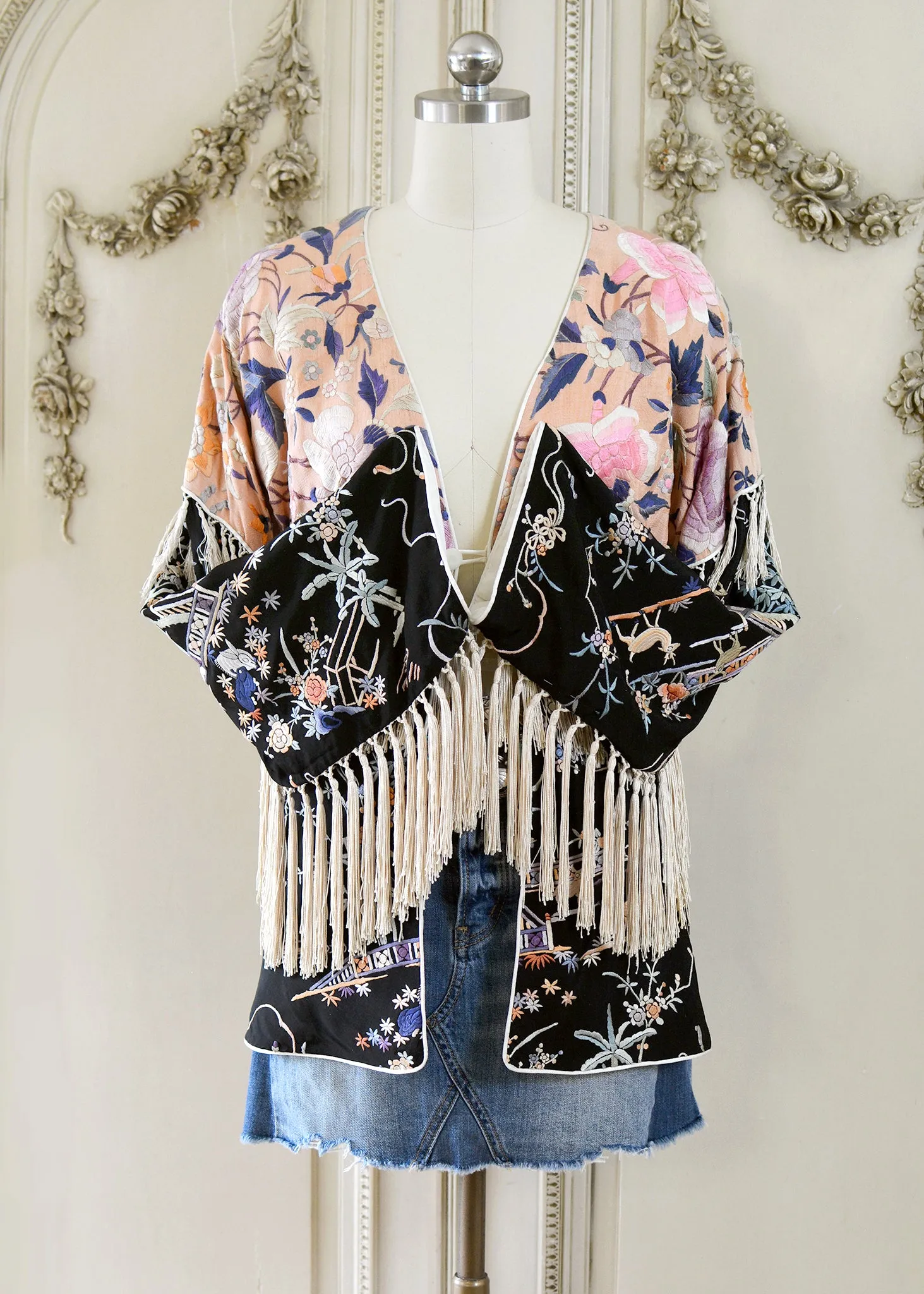 Cate Antique Hand Embroidered Silk Crepe Jacket Silk Tassel Fringes - Black & Peach