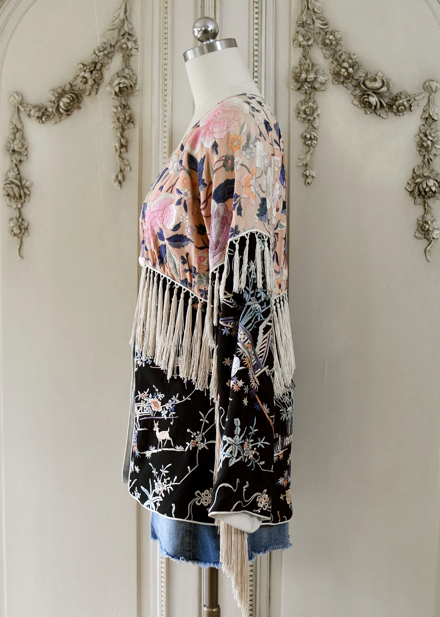 Cate Antique Hand Embroidered Silk Crepe Jacket Silk Tassel Fringes - Black & Peach