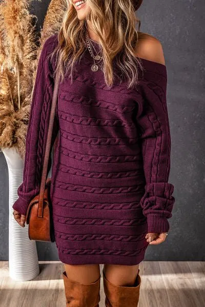 Chic Cable-Knit Boat Neck Sweater Dress