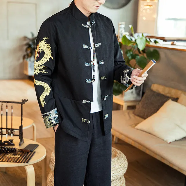 Chinese Style Dragon Embroidered Sleeves Men Jacket