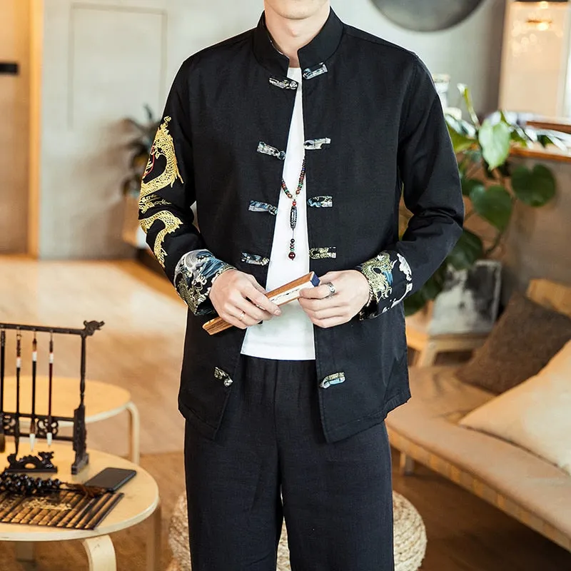 Chinese Style Dragon Embroidered Sleeves Men Jacket
