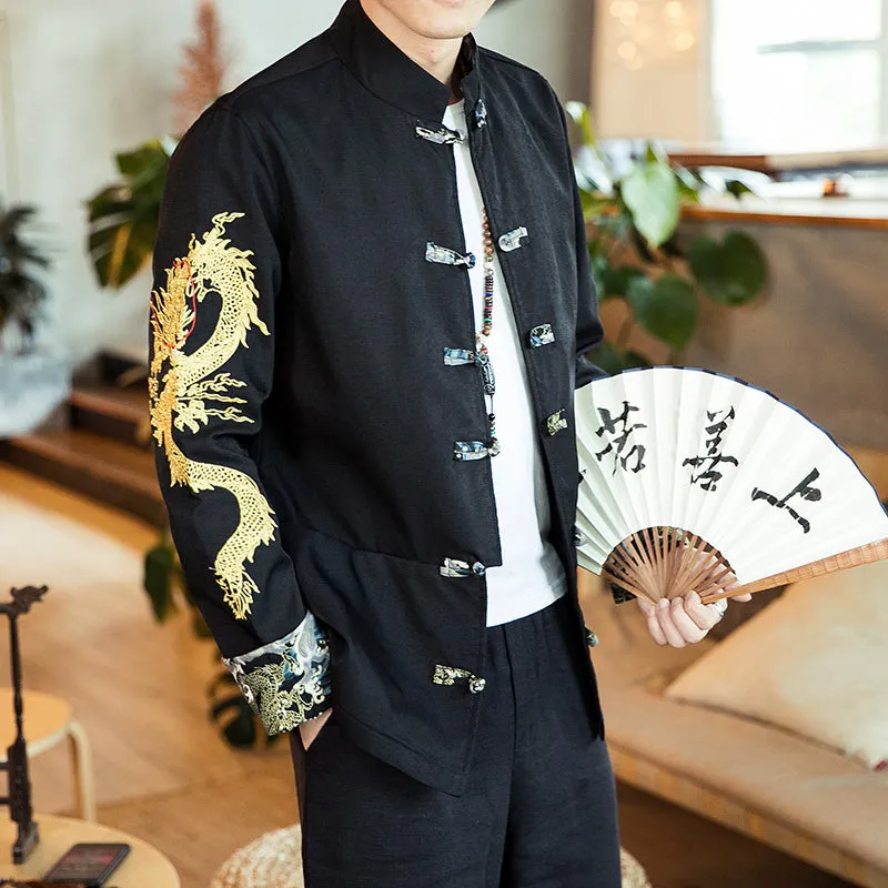 Chinese Style Dragon Embroidered Sleeves Men Jacket