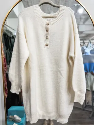 Cream Half Button Long Sleeve Mini Sweater Dress