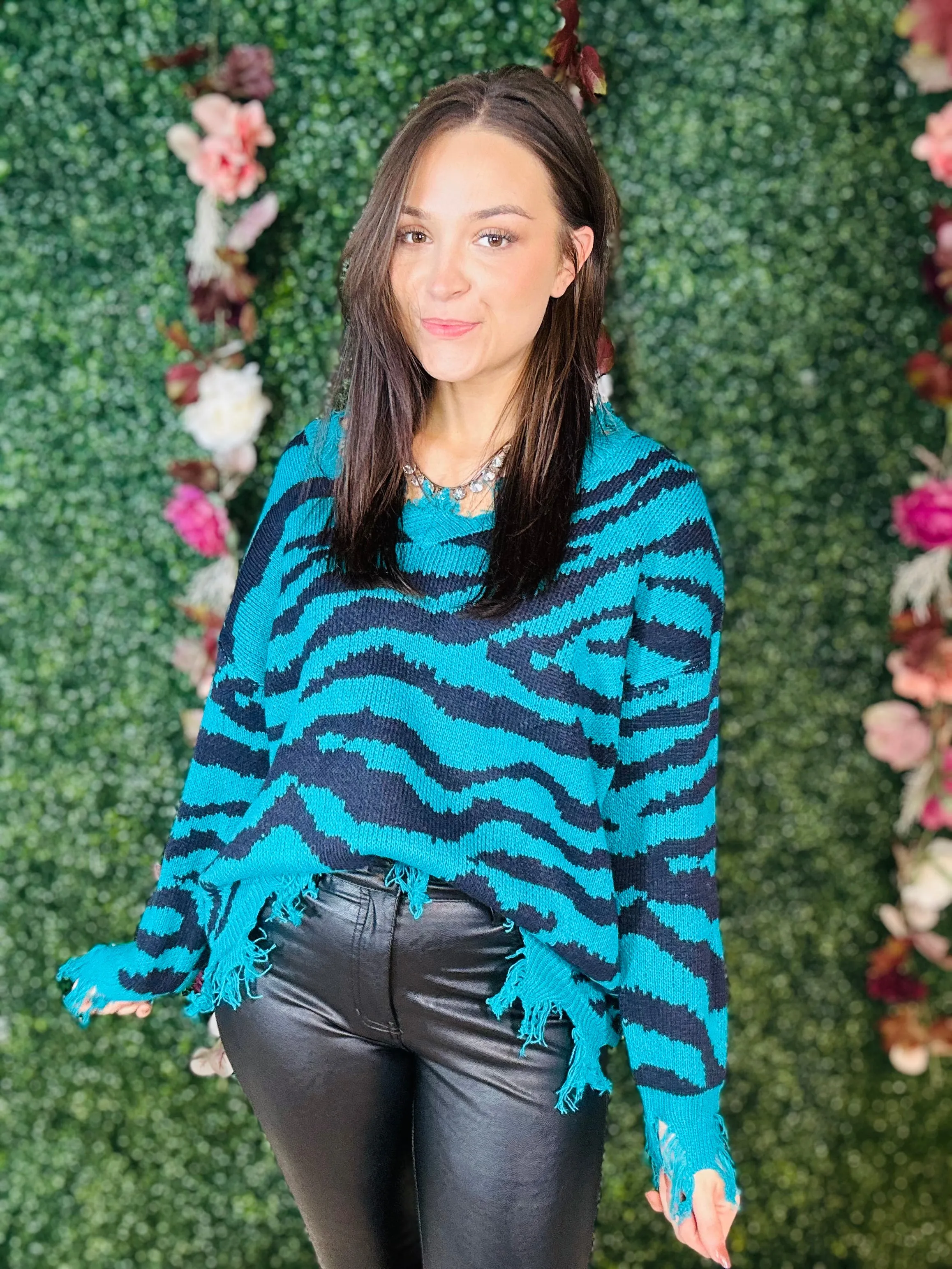 Distressed Dark Teal Zebra Sweater