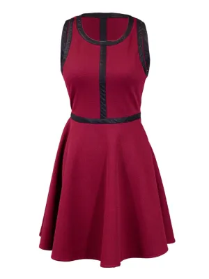 Double Zero Wine Colored Semi Casual Skater Style Dress With Faux Leather Trim