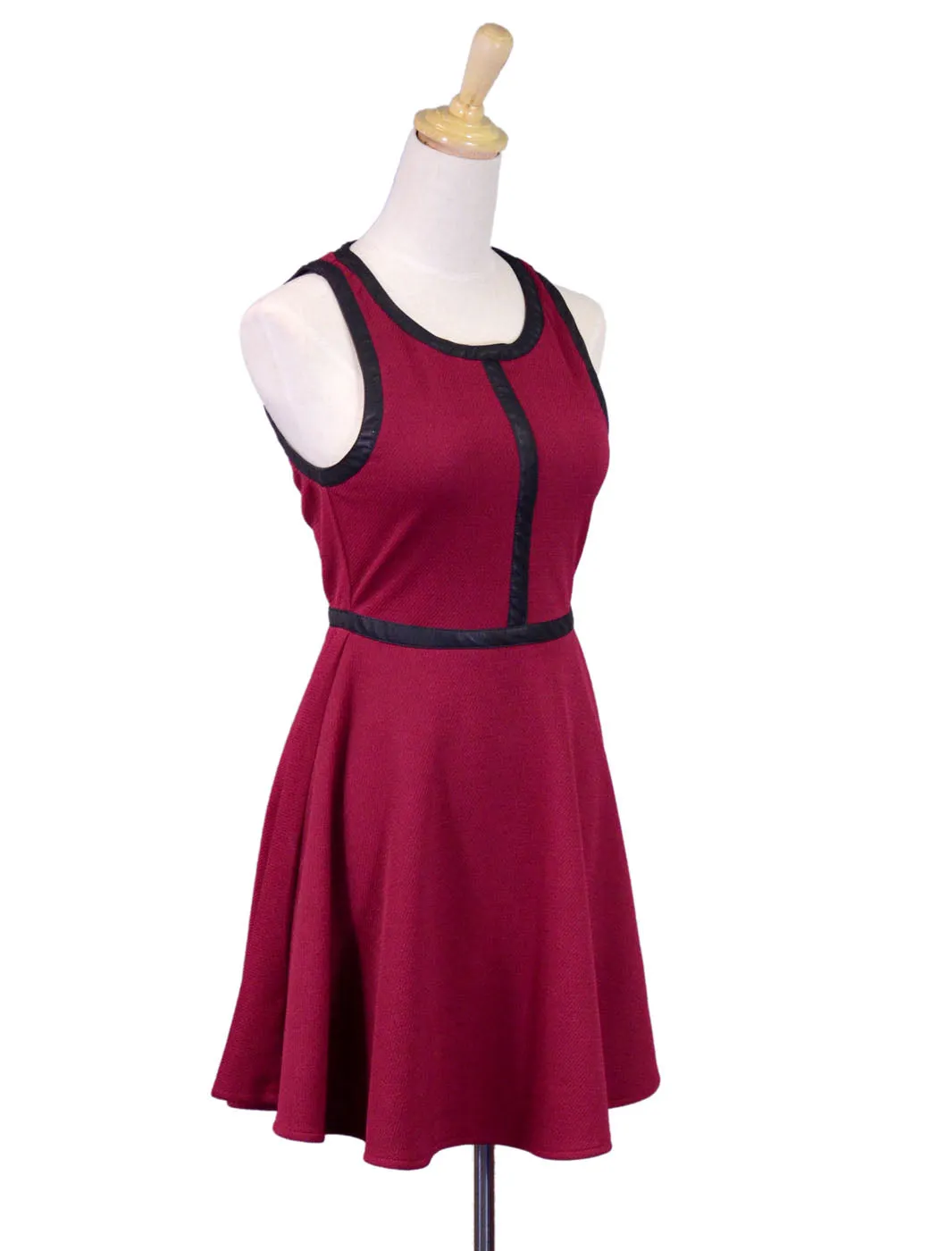 Double Zero Wine Colored Semi Casual Skater Style Dress With Faux Leather Trim