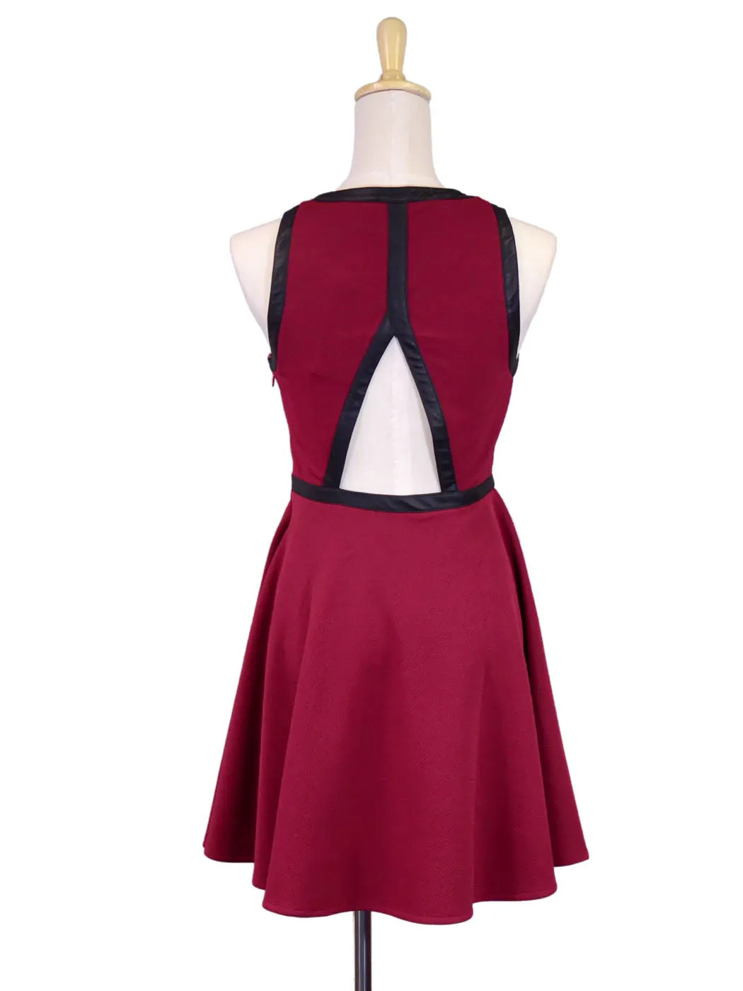 Double Zero Wine Colored Semi Casual Skater Style Dress With Faux Leather Trim