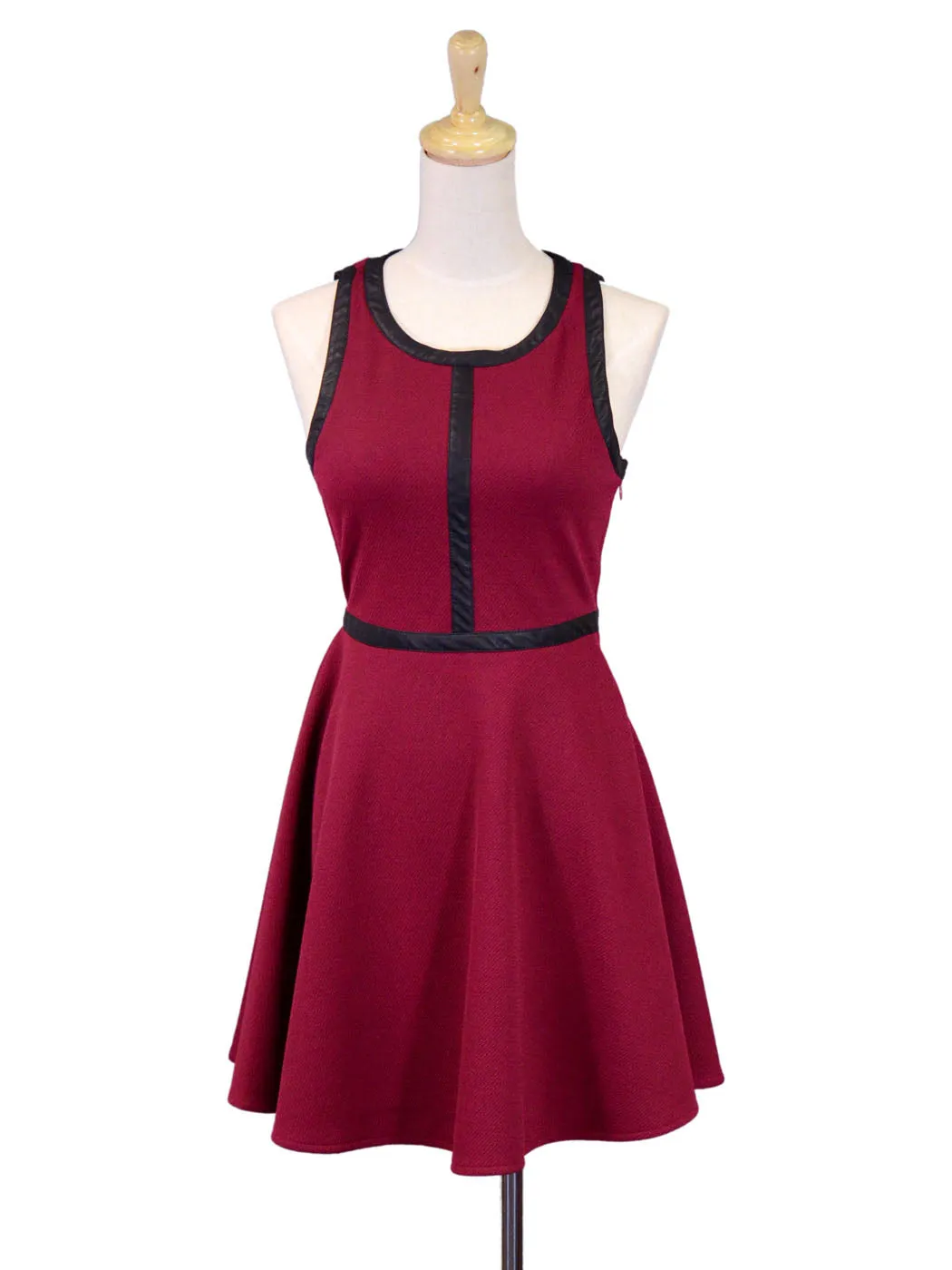 Double Zero Wine Colored Semi Casual Skater Style Dress With Faux Leather Trim