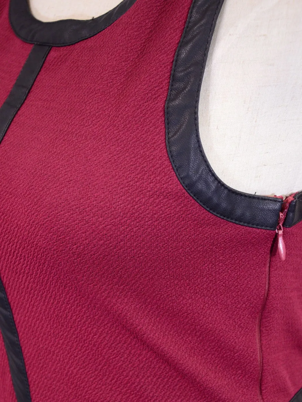 Double Zero Wine Colored Semi Casual Skater Style Dress With Faux Leather Trim