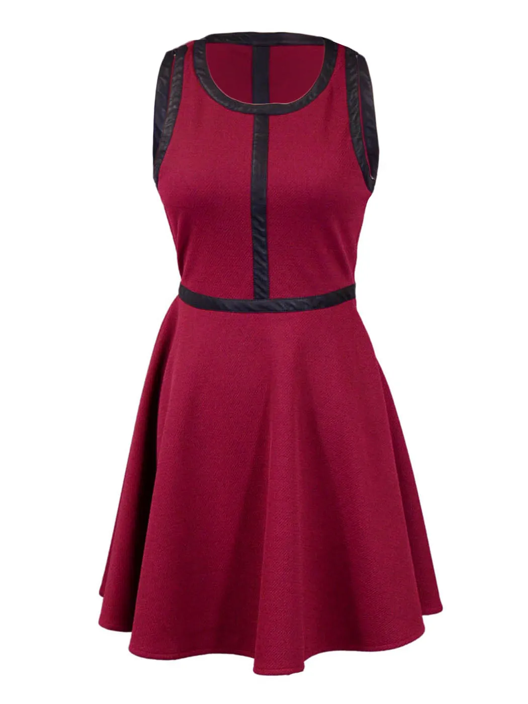 Double Zero Wine Colored Semi Casual Skater Style Dress With Faux Leather Trim