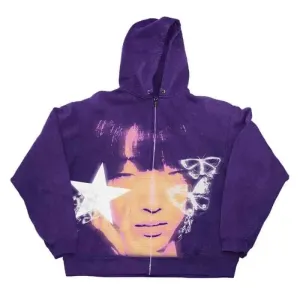 Face Print Zipper Hooded Loose Fit Jacket