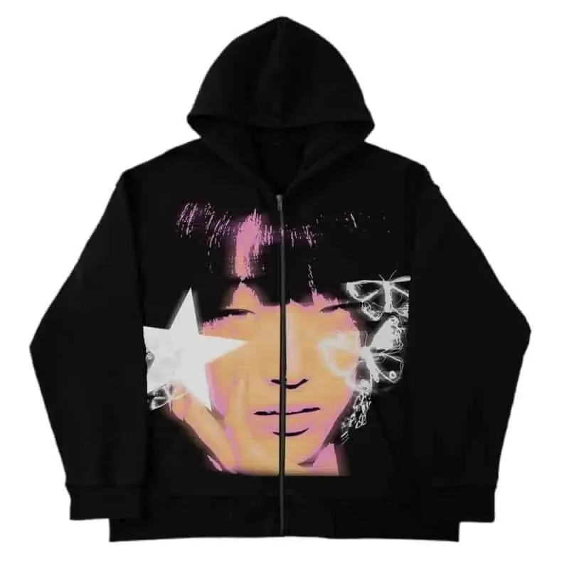 Face Print Zipper Hooded Loose Fit Jacket