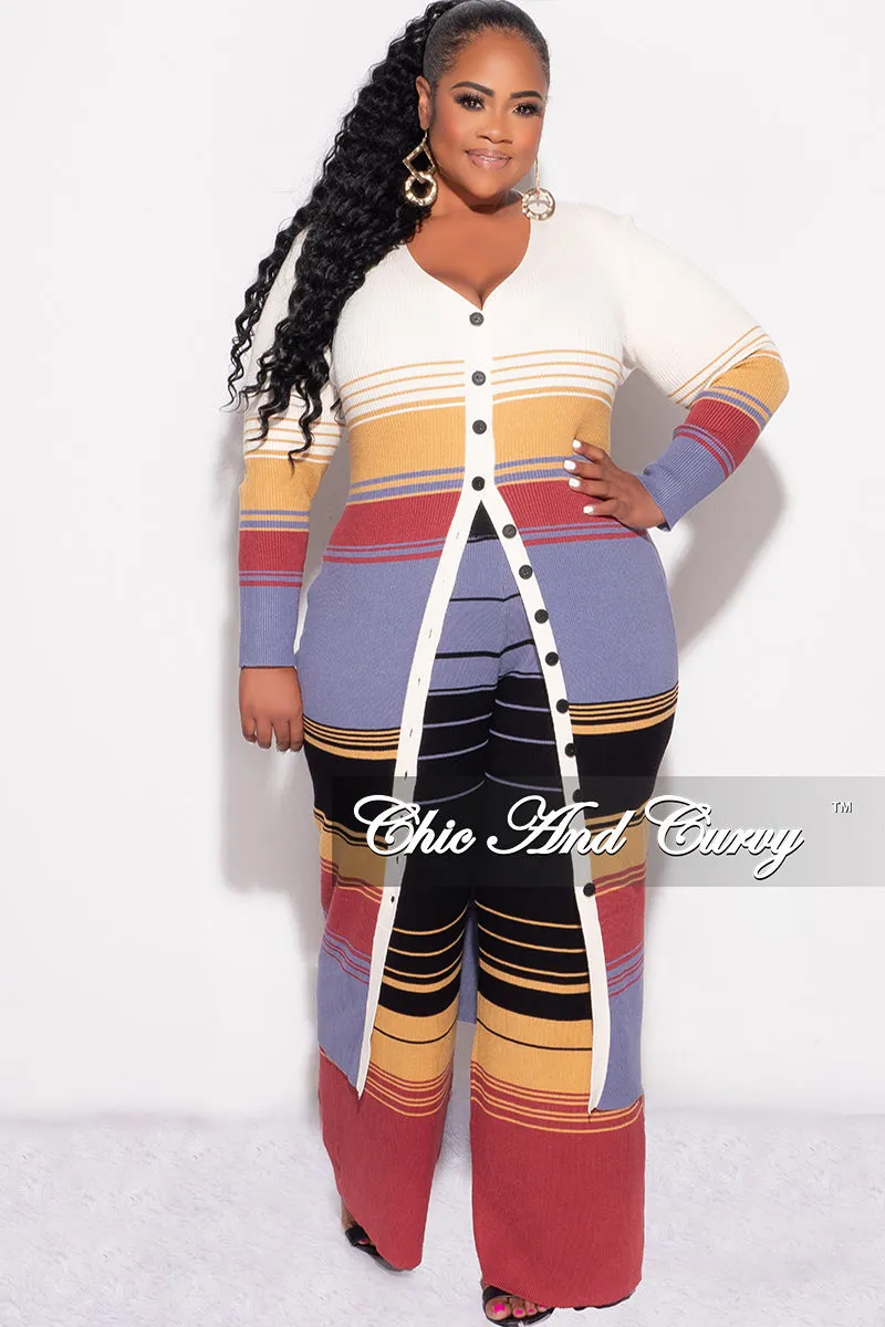 Final Sale Plus Size Ribbed 2pc Button Up Top and Pant Set in Multi Color Stripe Print