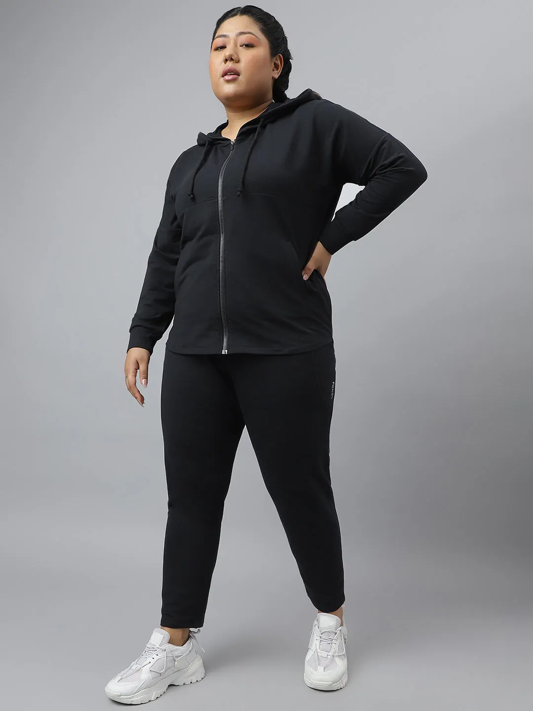 Fitkin Plus Size Ecofriendly Anti-Odor Recycled Polyester Black Front Zipper Tracksuit