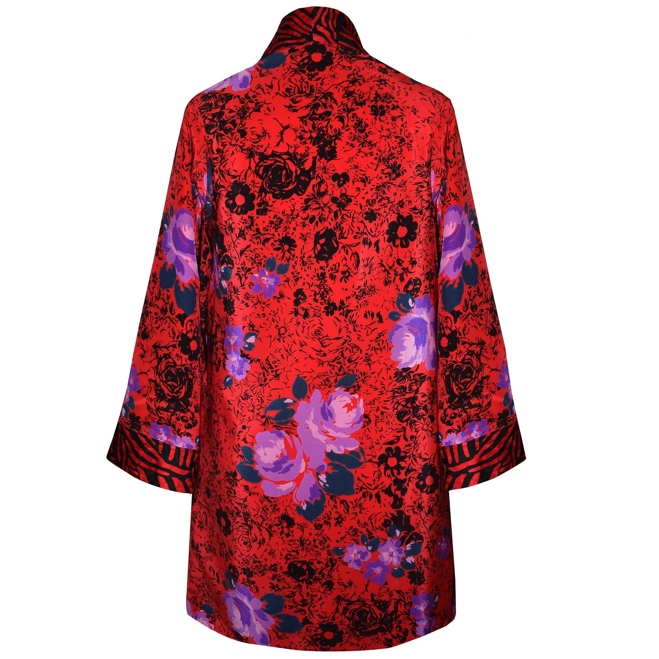 French Silk Print Kimono Jacket with Contrast Neckband