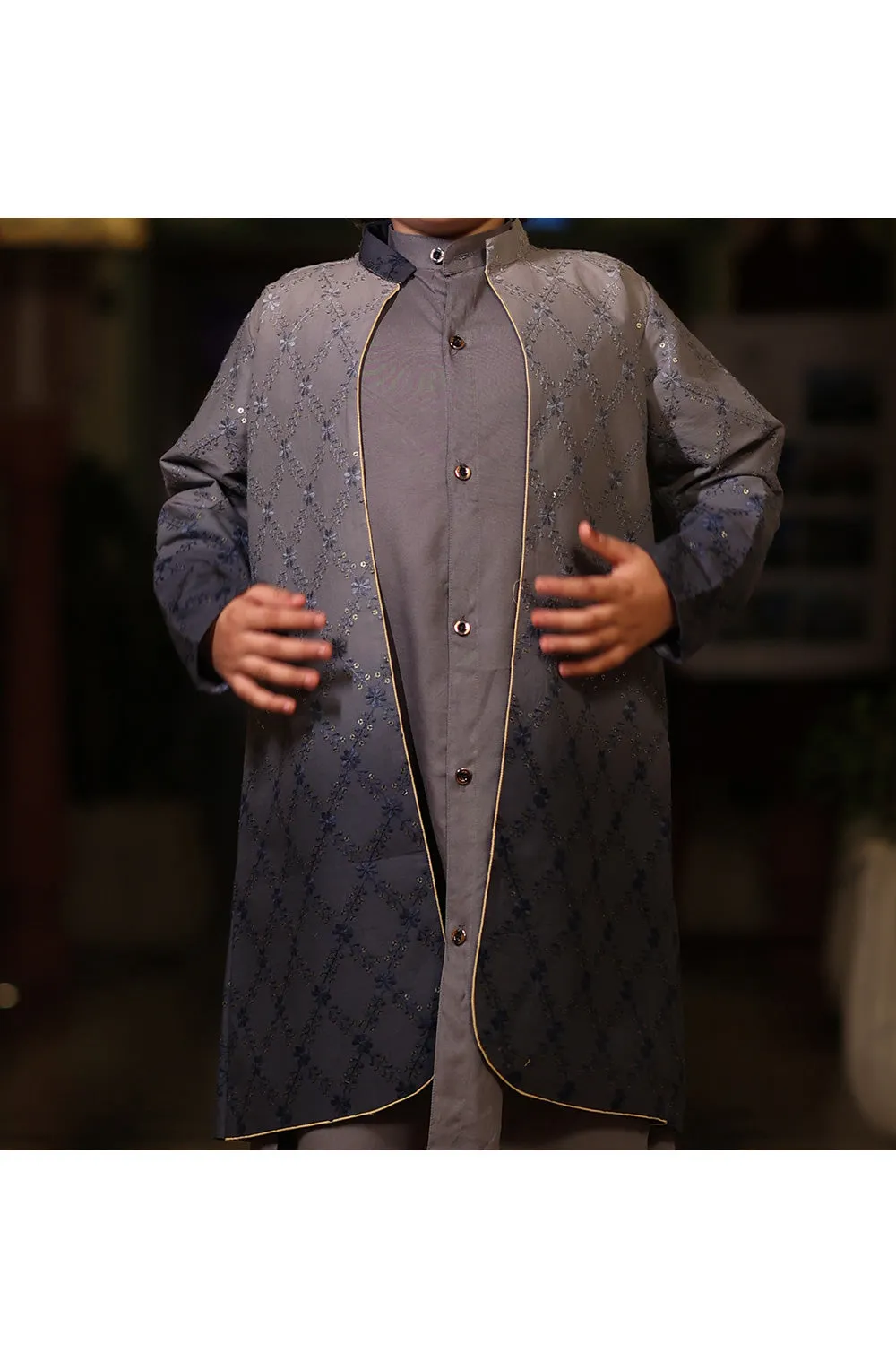 Grey Kurta With Sequins And Thread Embroidered Long Jacket Set