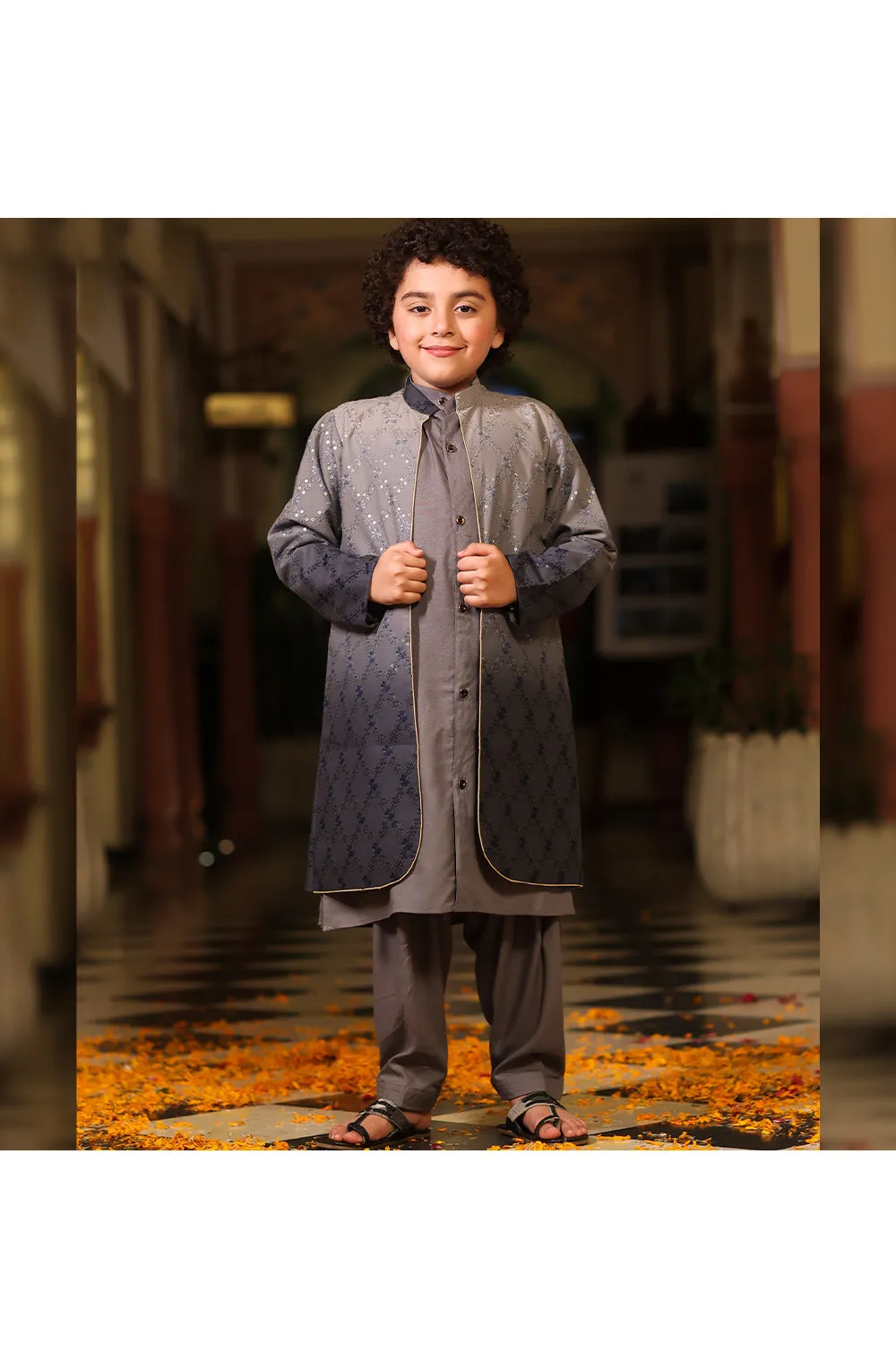 Grey Kurta With Sequins And Thread Embroidered Long Jacket Set