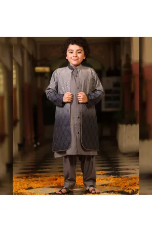 Grey Kurta With Sequins And Thread Embroidered Long Jacket Set