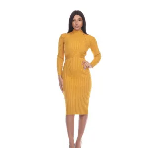 High Neck Mustard Sweater Dress With Waist Tie