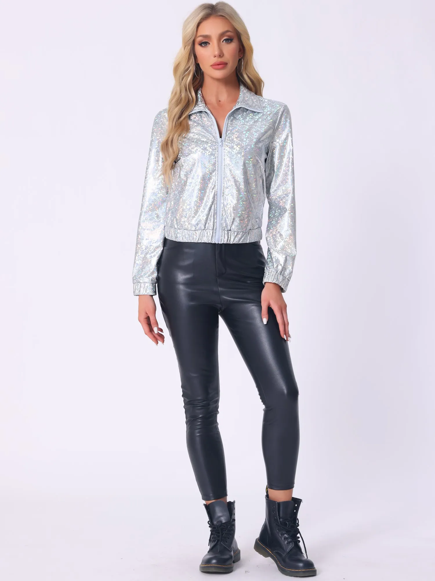 Holographic Long Sleeve Lightweight Zipper Metallic Jacket