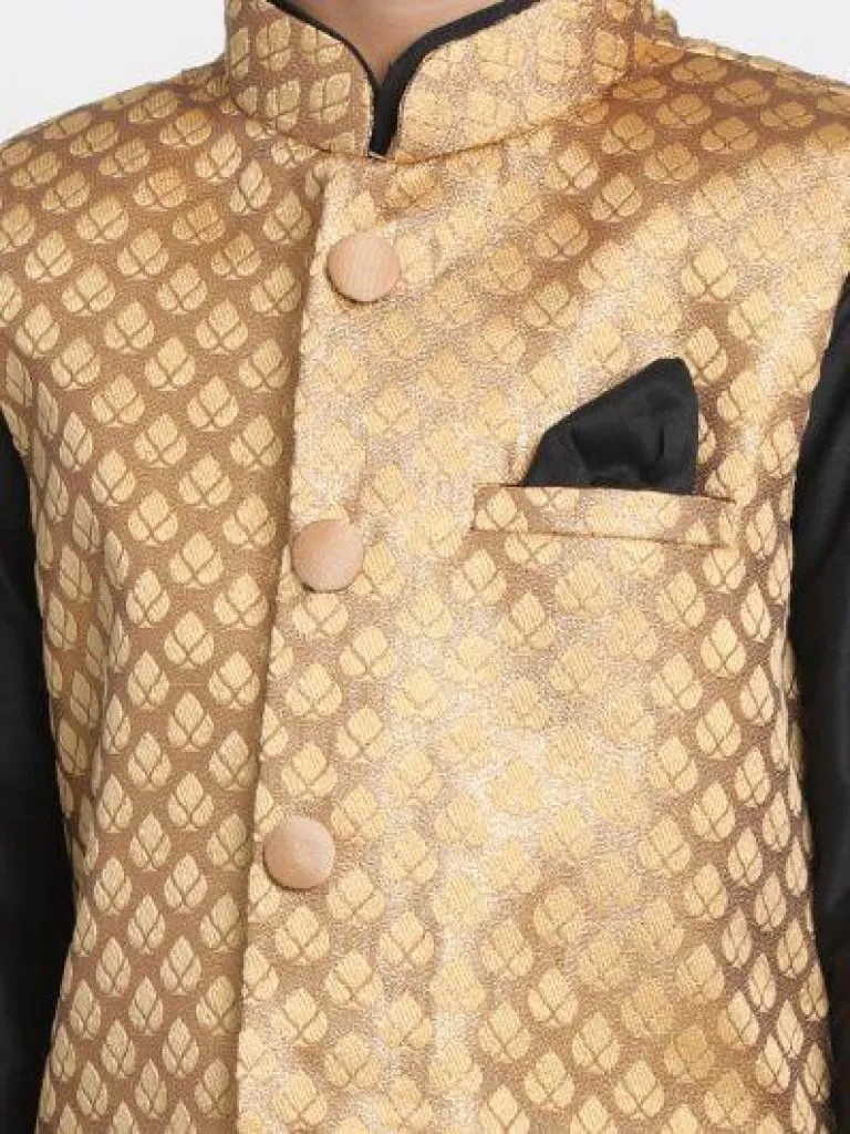 Jashvi Boys' Gold Cotton Silk Blend Kurta, Gold Nehru Jacket and Pyjama Set
