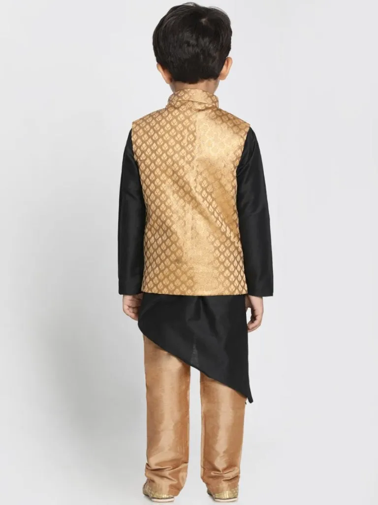 Jashvi Boys' Gold Cotton Silk Blend Kurta, Gold Nehru Jacket and Pyjama Set