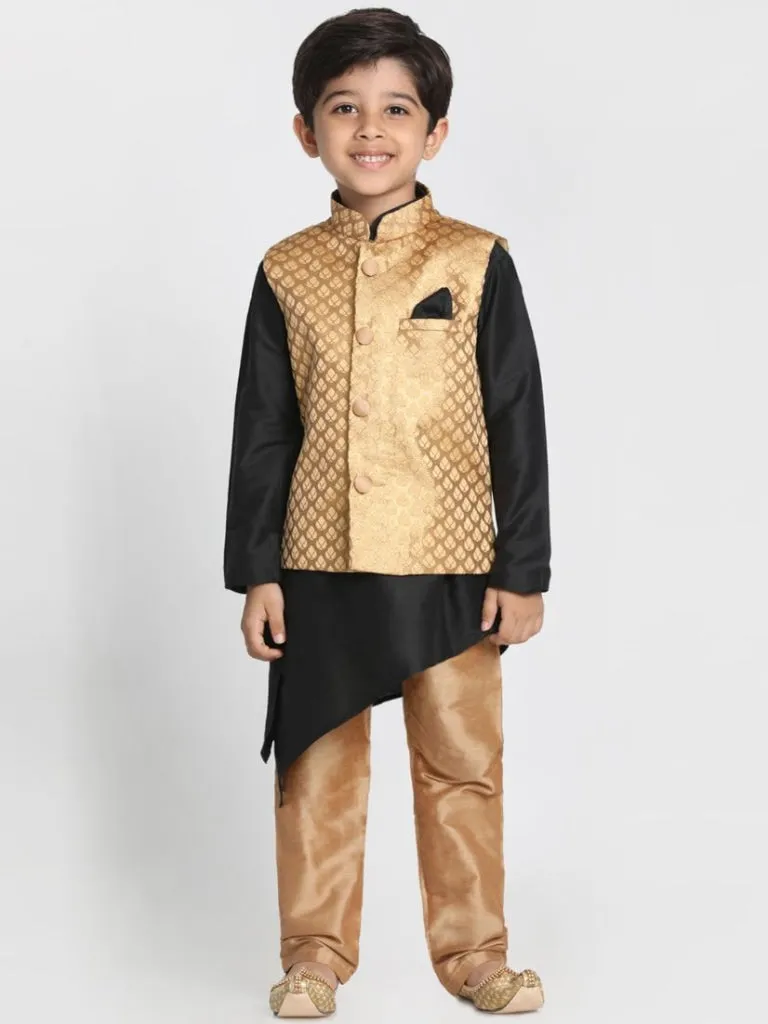 Jashvi Boys' Gold Cotton Silk Blend Kurta, Gold Nehru Jacket and Pyjama Set
