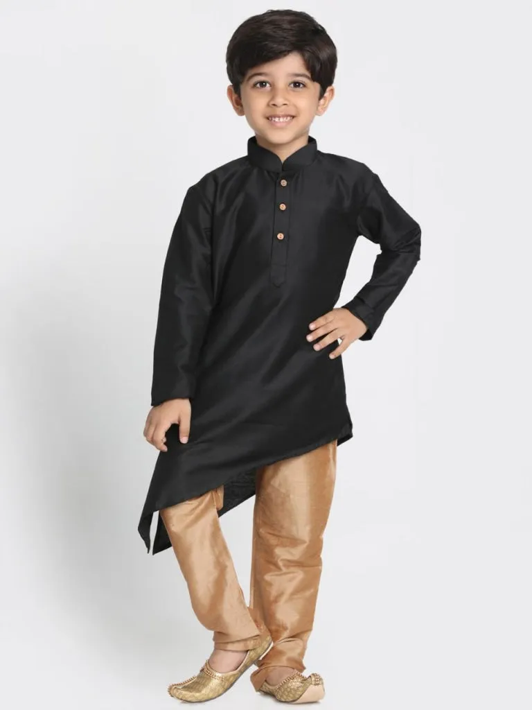 Jashvi Boys' Gold Cotton Silk Blend Kurta, Gold Nehru Jacket and Pyjama Set