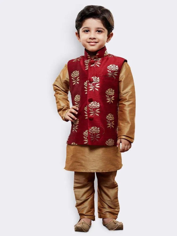Jashvi Boys' Gold Silk Cotton Blend Kurta, Waistcoat and Pyjama Set