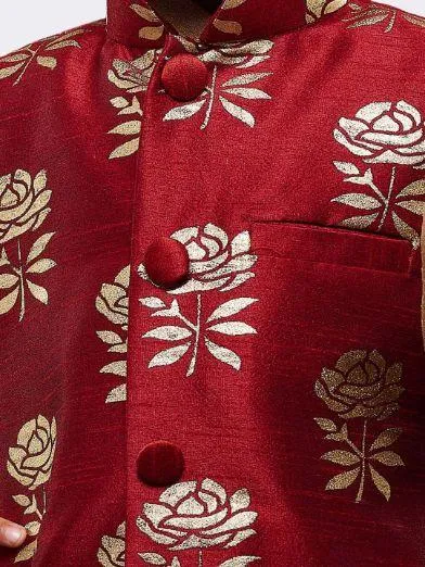 Jashvi Boys' Gold Silk Cotton Blend Kurta, Waistcoat and Pyjama Set