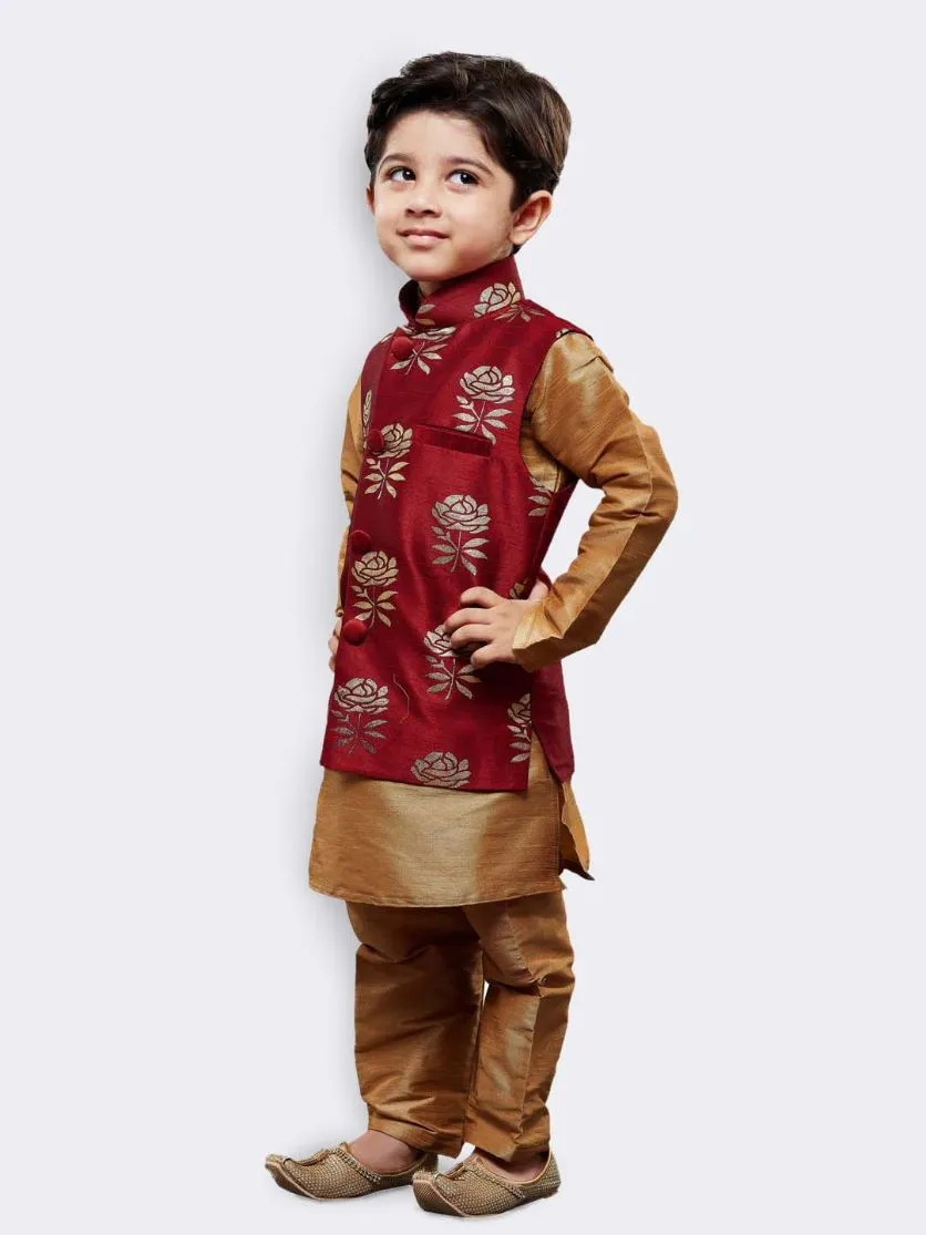 Jashvi Boys' Gold Silk Cotton Blend Kurta, Waistcoat and Pyjama Set