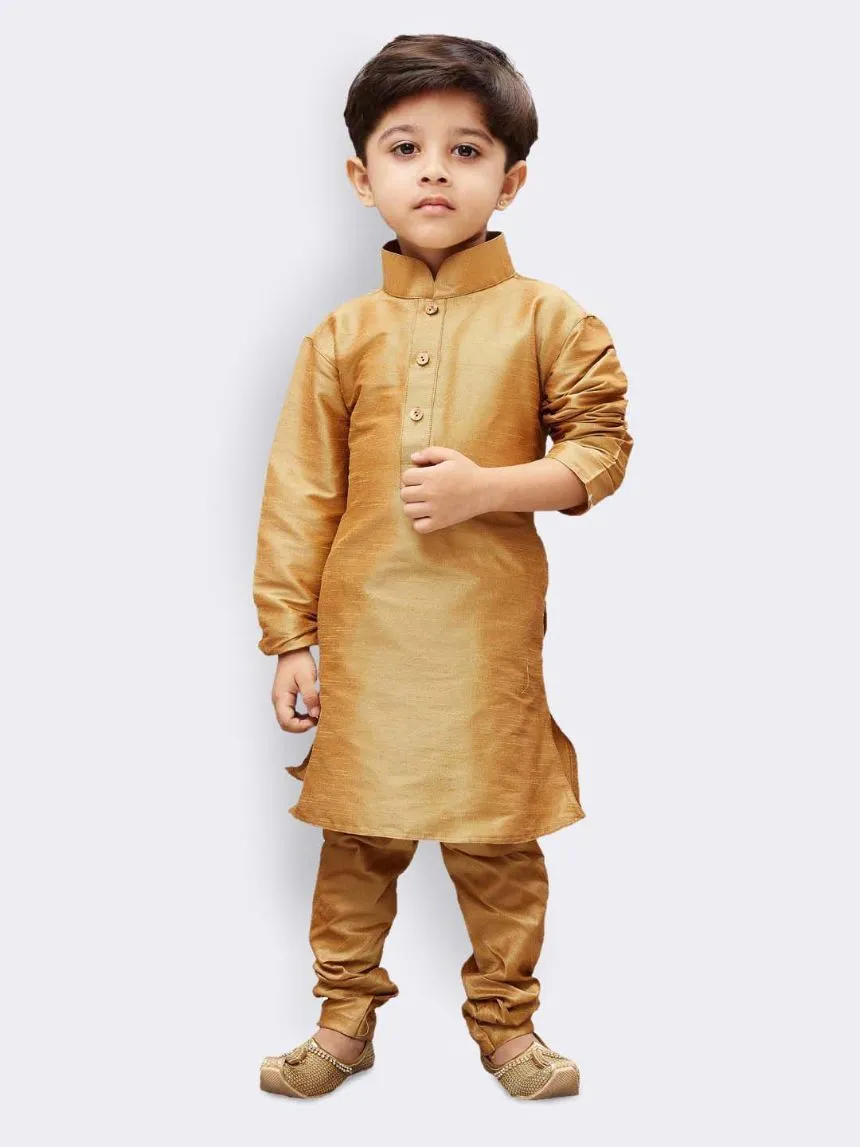 Jashvi Boys' Gold Silk Cotton Blend Kurta, Waistcoat and Pyjama Set