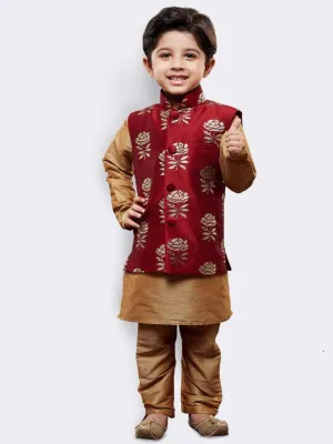 Jashvi Boys' Gold Silk Cotton Blend Kurta, Waistcoat and Pyjama Set